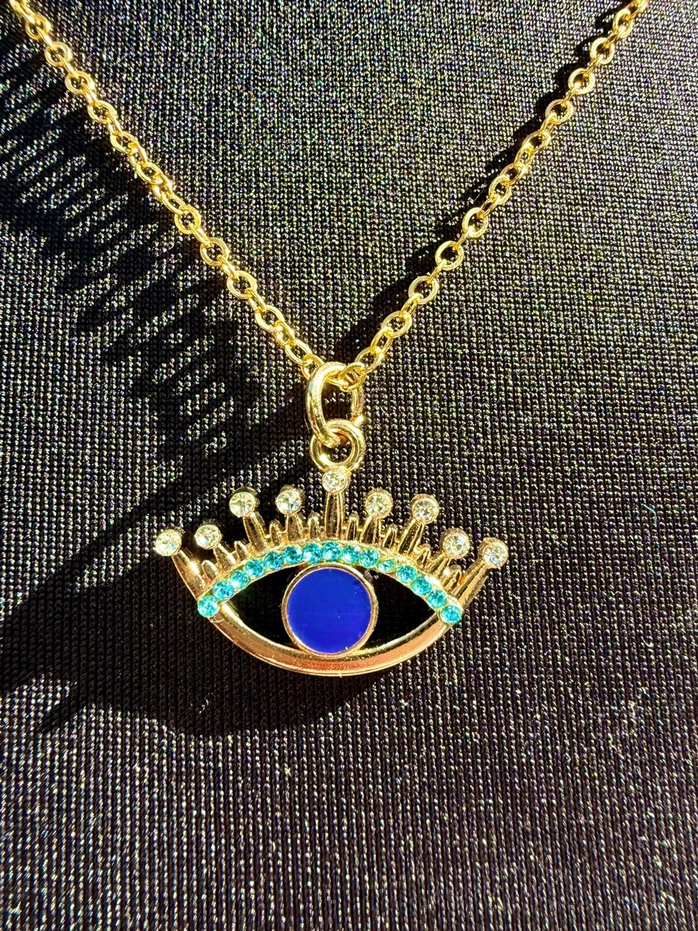 Handmade Gold Evil Eye Necklace with Crystal Lashes! Blue Turquoise Teal Sparkle